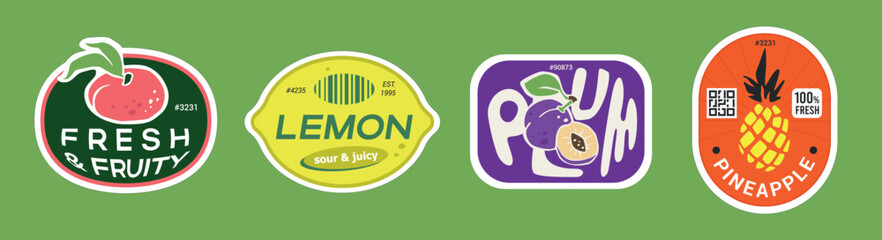 Flat peach plum pineappple and lemon labels. Peeled paper vector sticker pack