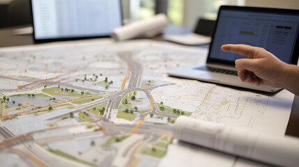 Exploring urban landscapes, where maps meet technology. Architects analyzing plans on a laptop, blueprints and maps on the table symbolizing innovation and design.