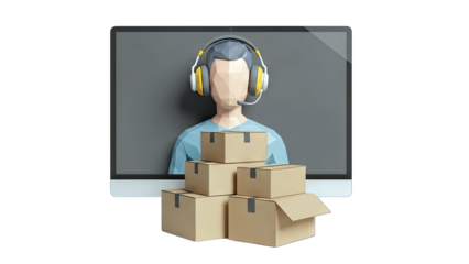 Customer Service Representative with Packages on Computer Screen