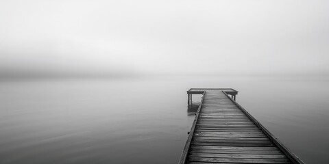 Abandoned wooden dock captured in high key monochrome style, highlighting weathered surfaces and minimalist aesthetic