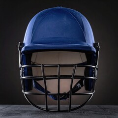 Blue cricket helmet, cage-like faceguard, dark background