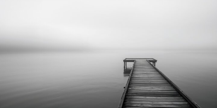 Abandoned wooden dock captured in high key monochrome style, highlighting weathered surfaces and minimalist aesthetic - Powered by Adobe
