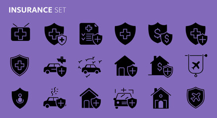 Set of black icons related to insurance policies on a purple background