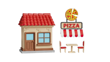 Charming 3D Rendered Small Pizza Shop With Red Tiled Roof and Outdoor Seating Area Featuring a Pizza Sign and Table with Chairs on a Transparent Background