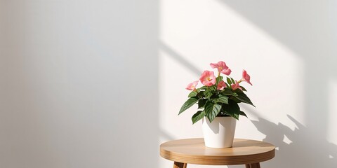 Begonia flower in a pot placed on a table beside a white wall, serving as a natural backdrop, World Environment Day