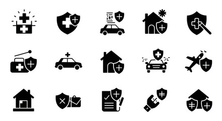 Set of fifteen black solid icons representing various types of insurance coverage