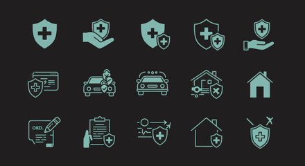 Set of fifteen light teal insurance and protection icons on a black background