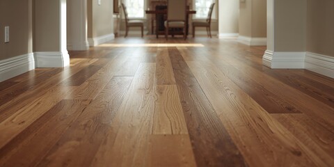 Freshly installed brown laminate flooring with matching baseboards, maintenance and durability