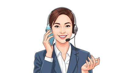 Smiling female customer service agent wearing a headset holds a light blue phone