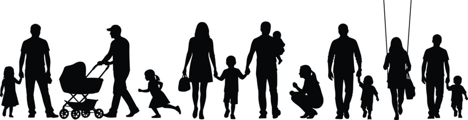 Silhouette families walking, playing, and interacting with children in outdoor setting featuring parents, kids, stroller, and everyday family activities scene
