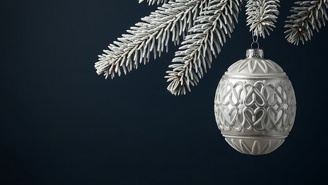 Elegant silver christmas ornament on flocked pine branch against dark blue background - Powered by Adobe