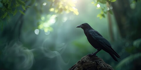 Fototapeta premium Crow resting on a fallen tree in a forest setting, highlighting wildlife habitat and natural perches, nature conservation