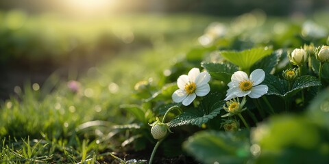 Remontant garden strawberry in summer garden, healthy organic cultivation and flowering, Summer, World Food Day