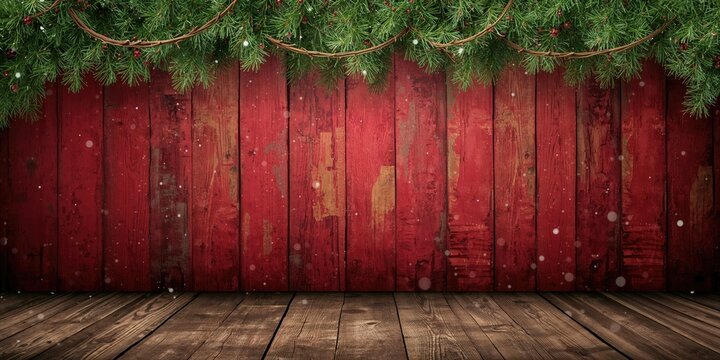 Festive wooden backdrop with Christmas garland and tree branch, holiday celebration scene