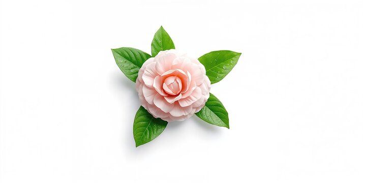 Camellia flower with leaves isolated on white, used as a natural decorative element for botanical layouts
