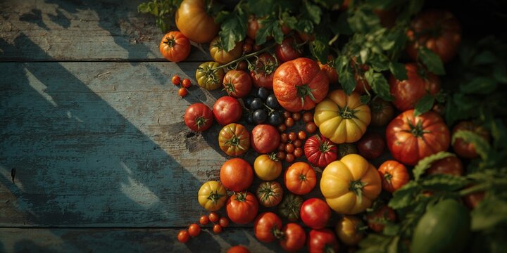 Garden-harvested tomatoes displayed in an artistic pattern on a backdrop, focusing on food preservation and processing