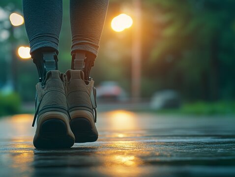 Selective focus. Patient undergoing rehabilitation using a robotic prosthesis for mobility - Powered by Adobe