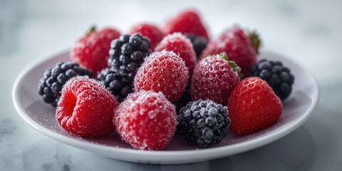 Frozen mixed berries with raspberries, blackberries, and strawberries, emphasizing preservation technique