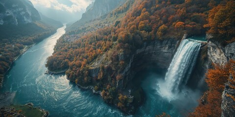 Bird's eye perspective of Boka waterfall over Soca river close to Bovec Slovenia, highlighting seasonal change
