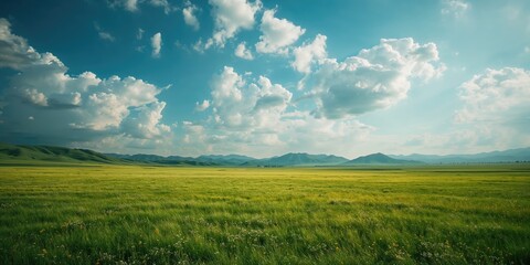 Fototapeta premium Summer grasslands in Xinjiang, showcasing expansive open terrain for environmental preservation