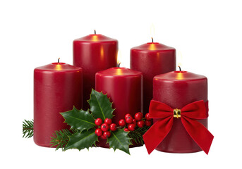 Deep crimson pillar candles, adorned with fresh holly, glossy red berries, and velvet bow, lit with golden flames, isolated on clean white, dramatic macro still life concept of holiday luxury