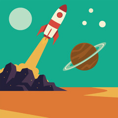 Retro Flat Design Rocket Launch in Outer Space Landscape