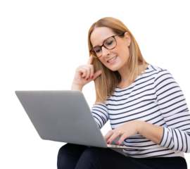 Young smiling woman wearing eyeglasses and a striped shirt, working with laptop computer over transparent background. Business concept.