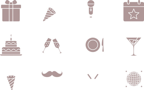 Fun set of graphic elements for events featuring calendar, dinner plate, martini glass, festive confetti, and a decorative mustache in a warm, subdued tone.