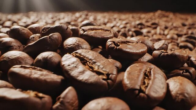 Closeup macro shot of rich brown roasted coffee bean texture with dramatic lighting and shallow depth of field