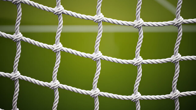 Closeup twisted soccer goal net rope on blurred green field - Powered by Adobe
