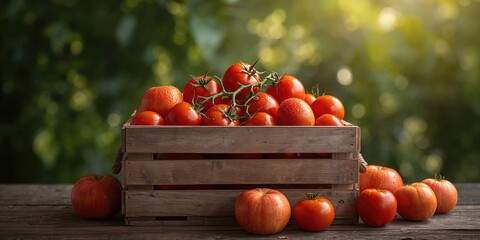 Freshly harvested tomatoes in a rustic wooden crate, natural freshness and farm-to-table appeal, World Food Day