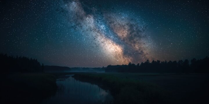 Full moon shining in a star-lit sky above a river, trees, and open land, illustrating nocturnal landscape features - Powered by Adobe