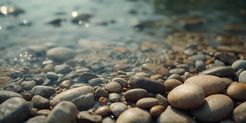 Detail of river stones and pebbles with polished surfaces, used as a natural decorative surface