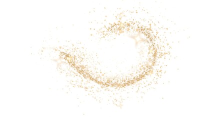 Dynamic abstract swirl of gold glitter particles against a bright white background
