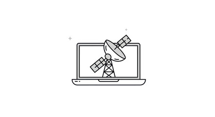 Laptop screen displays a stylized satellite dish on a tower with a satellite