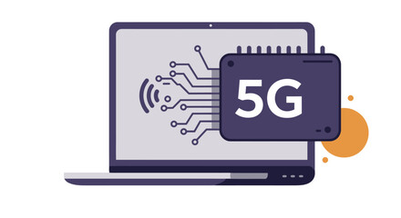 Laptop screen showing a 5G chip connected to a wireless signal icon