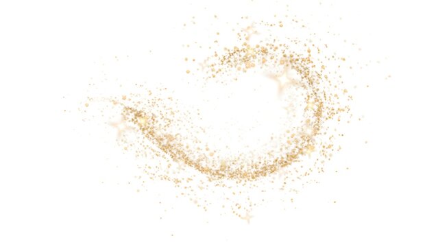 Dynamic abstract swirl of gold glitter particles against a bright white background - Powered by Adobe