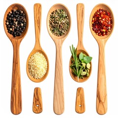 Spices in wooden spoons, culinary assortment isolated