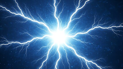 Intense white light bursts forth as powerful lightning bolts branch out in a blue space