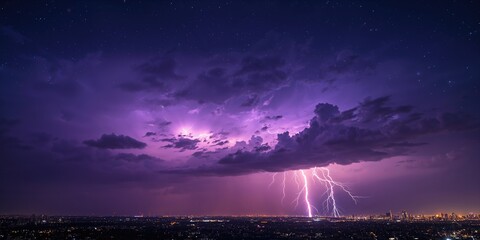 Night sky filled with vibrant purple lightning bolts, the power of atmospheric electrical activity, Earth Day