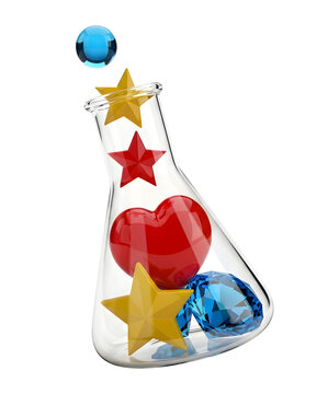 3D Science Flask with Stars Heart and Gems PNG Transparent Background


