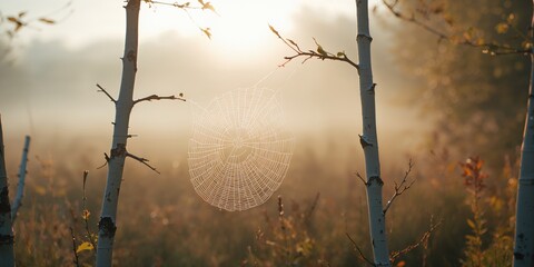 Spider web with dew drops in a morning foggy landscape, illustrating natural web formation