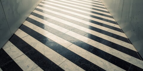 Patterned tile flooring in a retail or industrial setting serving as a backdrop for informational displays or signage