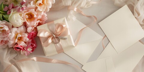 Display of gift box, envelope, and floral accents alongside wedding rings on neutral backdrop, used for wedding stationery or celebration themes