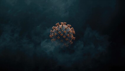 Microscopic view of Covid-19 particles against a dark backdrop, highlighting virus morphology and infection pathways