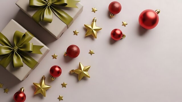 Christmas gifts with olive green ribbons and red baubles on a light background - Powered by Adobe