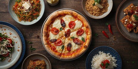 A plate of mixed cuisine items on a dining table, highlighting diversity in food choices for a communal meal, food assortment, social dining