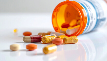 Assorted colorful pills and capsules spilled from an orange prescription bottle onto a white surface, representing medication and healthcare.