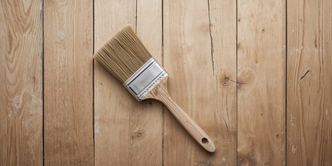 Paintbrush with natural wooden handle on wooden boards used for artwork, craftsmanship