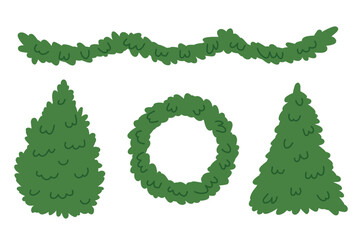set of fir garland, wreath, and evergreen trees, perfect for Christmas designs, winter branding, greeting cards, invitations- vector illustration